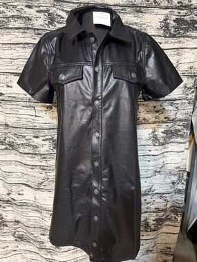 American Eagle Outfitters Black Faux Leather Short-Sleeve Button Mini Dress